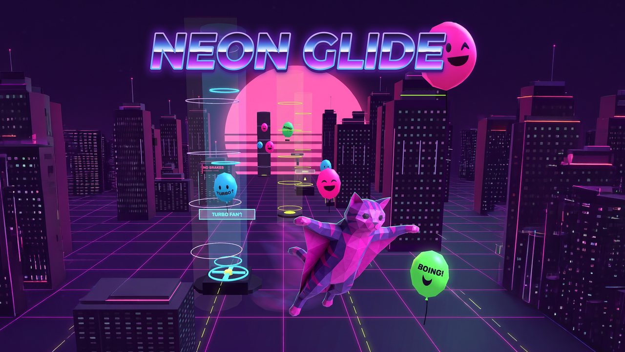 Neon Glide: a flying squirrel gliding over a neon synthwave city